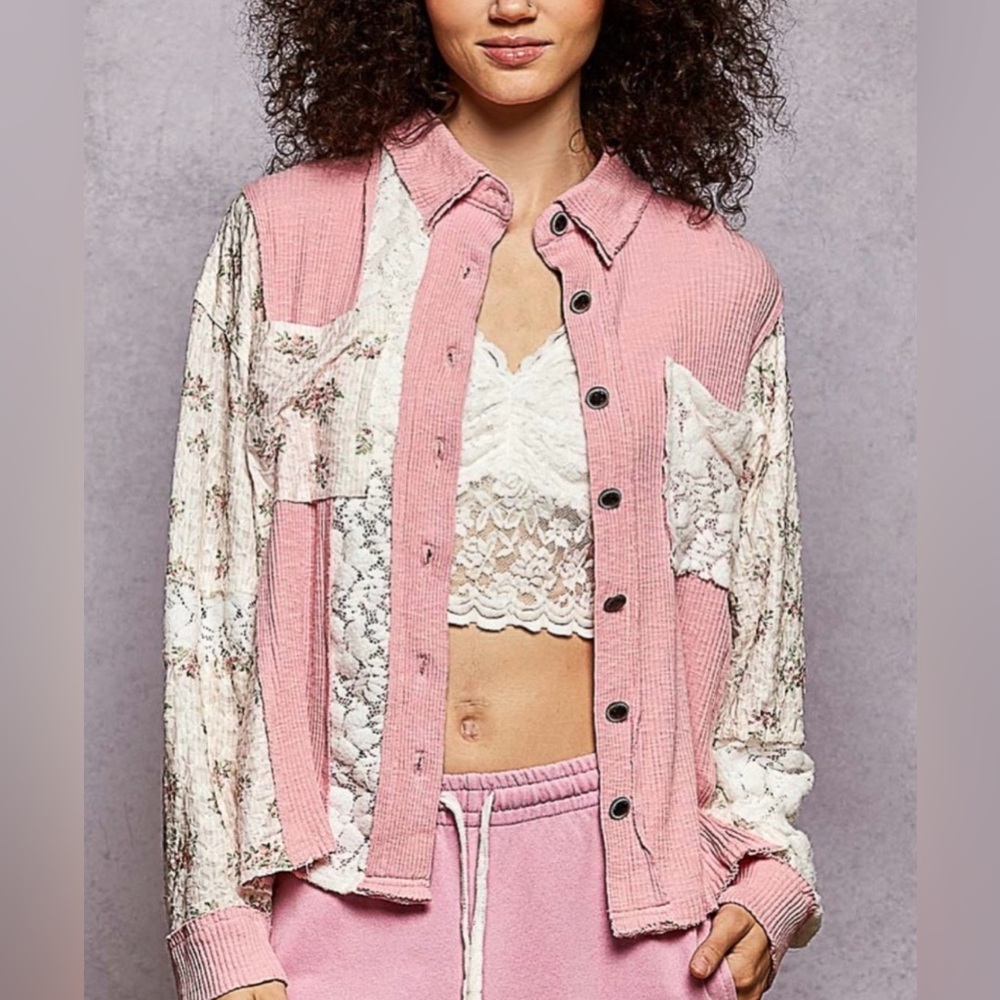 H175 New POL S pp24 Pink and Cream Patchwork detail Lace Button-Up Jacket Top - Picture 2 of 16